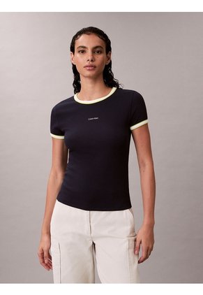 Camiseta Azul Baby Fit De Manga Corta En Canalé Calvin Klein