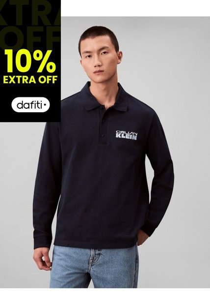 Polo Azul De Manga Larga Con Tejido Sacos / Saco Tejido Grueso Aterciopelado Calvin Klein