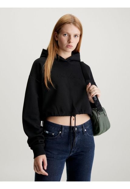 Buzo Negro Cropped Con Logo En Relieve Para Mujer Calvin Klein