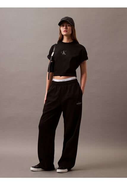 Camiseta Negra Cropped Con Monograma Calvin Klein