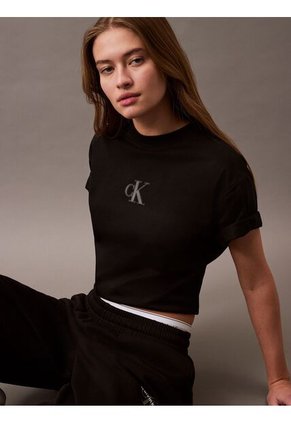Camiseta Negra Cropped Con Monograma Calvin Klein