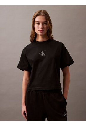 Camiseta Negra Cropped Con Monograma Calvin Klein
