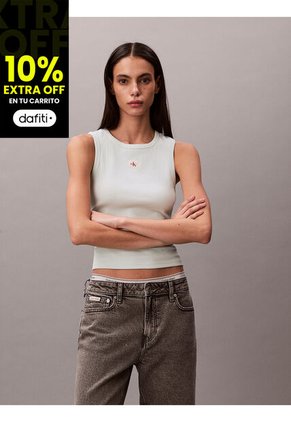 Camiseta Verde De Tirantes Acanalada Con Etiqueta De Monograma Calvin Klein