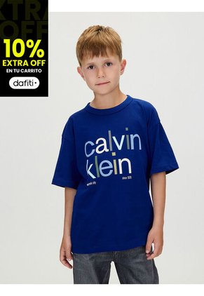 Camiseta Azul De Manga Corta Con Estampado De Logo Multicolor Calvin Klein