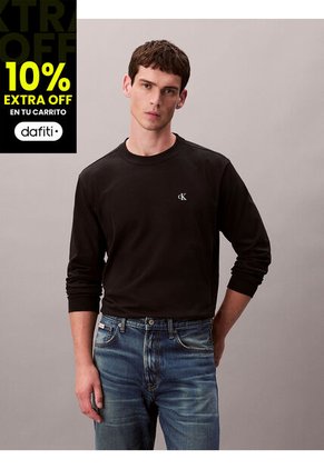 Camiseta Negra De Manga Larga Con Monograma Calvin Klein
