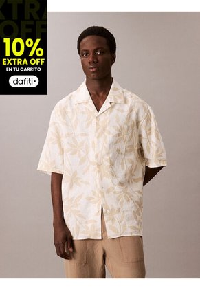 Camisa Beige Relaxed Con Monograma Calvin Klein