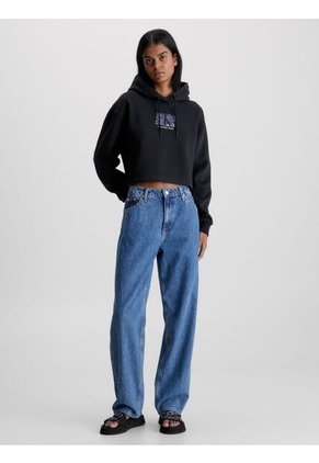 Buzo Negro Con Gorro Cropped Oversized Logo Para Mujer Calvin Klein