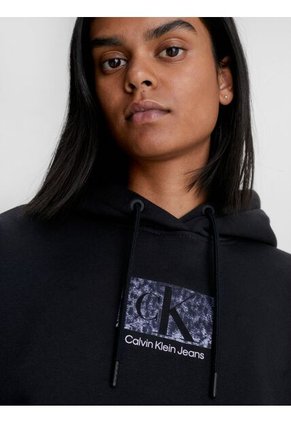 Buzo Negro Con Gorro Cropped Oversized Logo Para Mujer Calvin Klein