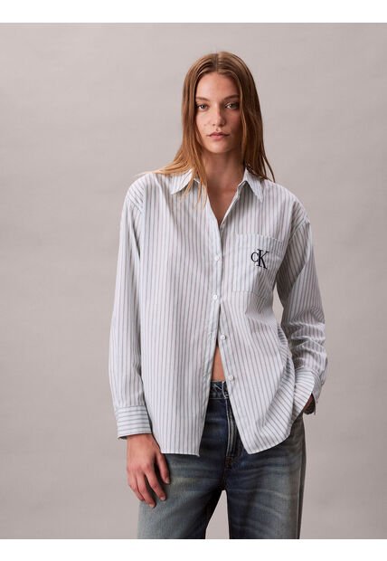 Camisa Celeste Con Logo Bordado Y Patrón De Rayas Calvin Klein