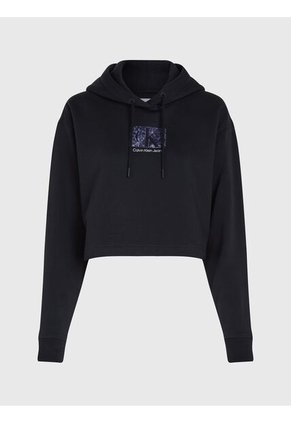Buzo Negro Con Gorro Cropped Oversized Logo Para Mujer Calvin Klein
