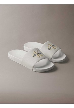 Sandalias Blanco Contorneadas De Lona Con Logo Calvin Klein