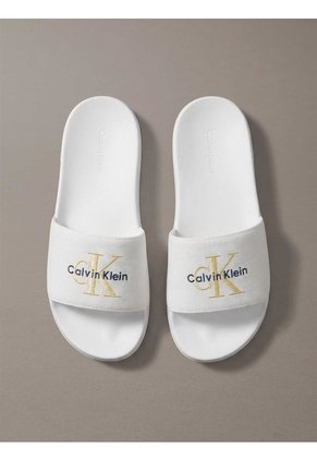 Sandalias Blanco Contorneadas De Lona Con Logo Calvin Klein