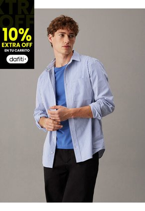 Camisa Celeste Elástica A Rayas De Popelina Calvin Klein