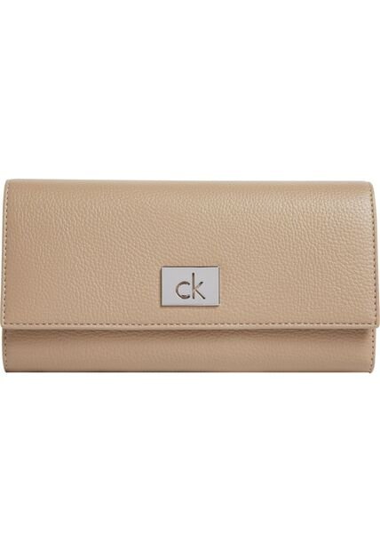 Billetera Beige Trifold Con Placa Metálica Calvin Klein