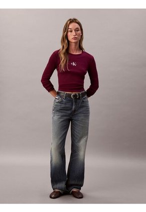 Camiseta Roja Manga Larga Ajustada Con Monograma Calvin Klein