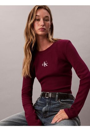 Camiseta Roja Manga Larga Ajustada Con Monograma Calvin Klein