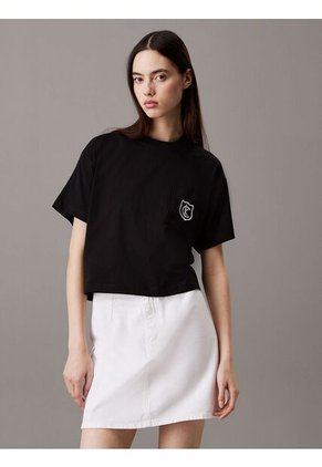 Camiseta Negra Cropped Con Escudo Con Logo Calvin Klein