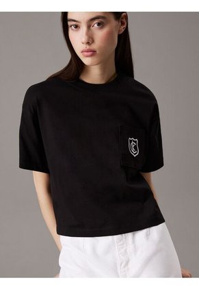 Camiseta Negra Cropped Con Escudo Con Logo Calvin Klein