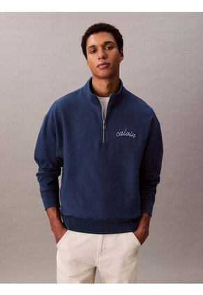 Saco Azul Con Cremallera 1/4 Y Logo Punto Cadeneta Calvin Klein