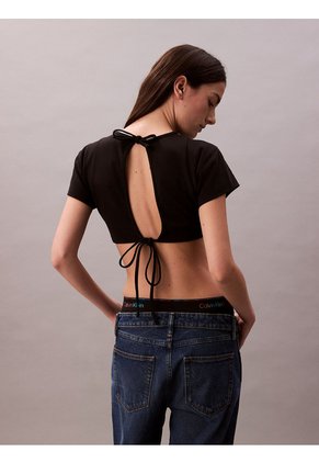Camiseta Negra Cropped Boxy Con Espalda Abierta Con Lazo - Pride Calvin Klein