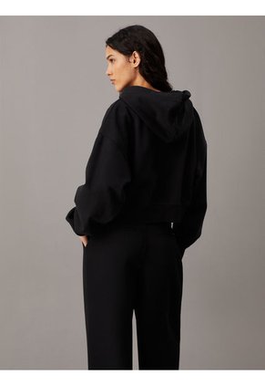 Buzo Negro Cropped Con Capota, Cremallera Y Logo Calvin Klein
