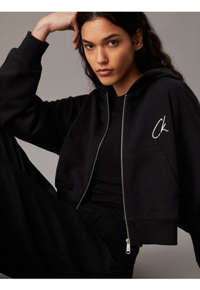 Buzo Negro Cropped Con Capota, Cremallera Y Logo Calvin Klein