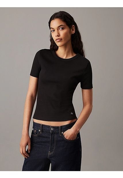 Camiseta Negra Slim Canalé De Algodón Calvin Klein