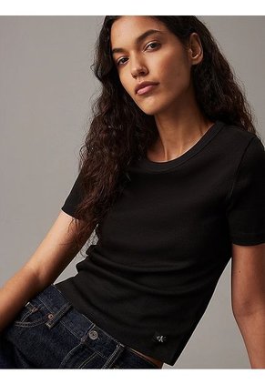 Camiseta Negra Slim Canalé De Algodón Calvin Klein