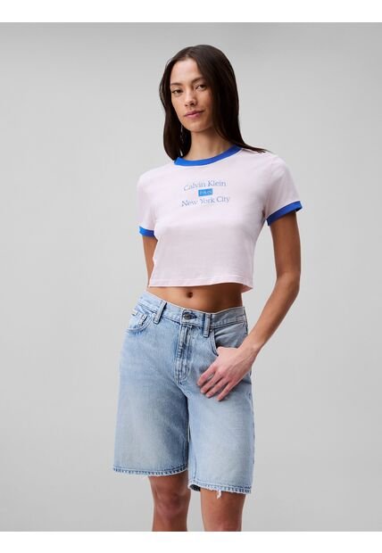 Camiseta Azul Ringer Cropped Con Logo Calvin Klein