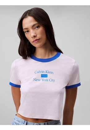 Camiseta Azul Ringer Cropped Con Logo Calvin Klein