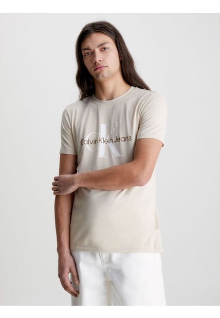 Camiseta Slim Con Monograma Hombre Beige Calvin Klein