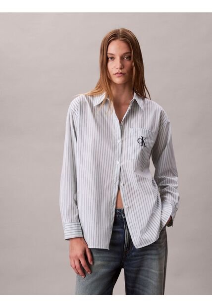Camisa Celeste Con Logo Bordado Y Patrón De Rayas Calvin Klein