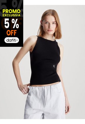 Camiseta Negra Tejido Slim De Canalé Con Espalda Anudada Calvin Klein