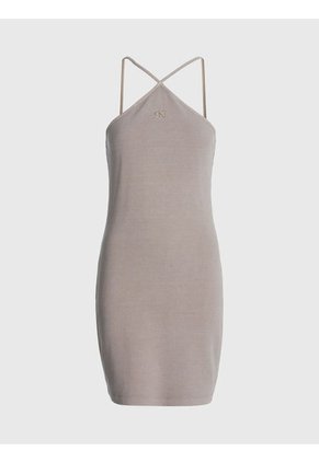 Vestido Cogido Al Cuello De Algodón Gofrado Mujer Beige Calvin Klein