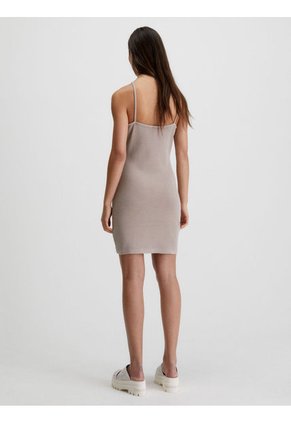 Vestido Cogido Al Cuello De Algodón Gofrado Mujer Beige Calvin Klein