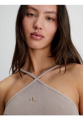 Vestido Cogido Al Cuello De Algodón Gofrado Mujer Beige Calvin Klein