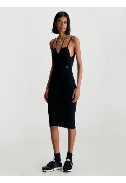 Vestido Anudado Al Cuello De Algodón Mujer Negro Calvin Klein