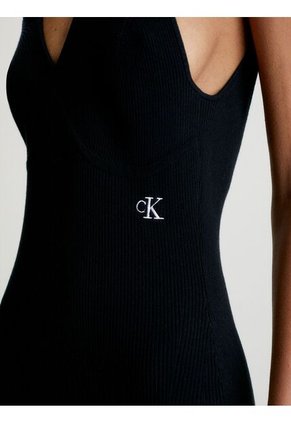 Vestido Anudado Al Cuello De Algodón Mujer Negro Calvin Klein