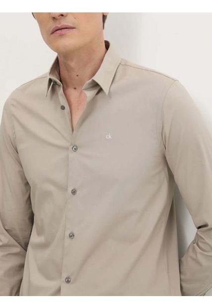 Camisa Beige Slim De Popelín Elástico Calvin Klein