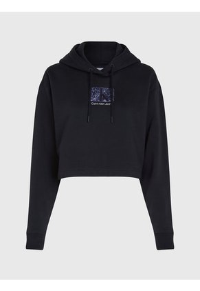 Buzo Negro Con Gorro Cropped Oversized Logo Para Mujer Calvin Klein