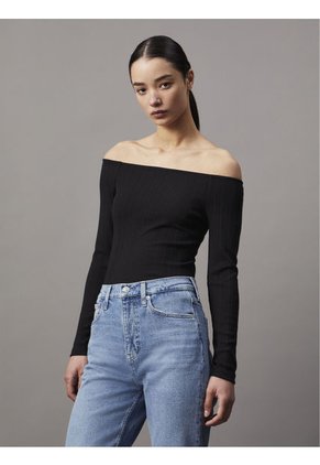 Camiseta Negra Canalé Estilo Bardot Calvin Klein