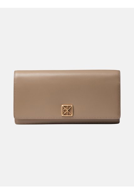 Billetera Beige Plegada De Cuero Con Logo Monograma Emblemático Calvin Klein