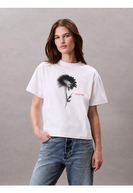 Camiseta Blanca Boxy Con Gráfico Floral Calvin Klein