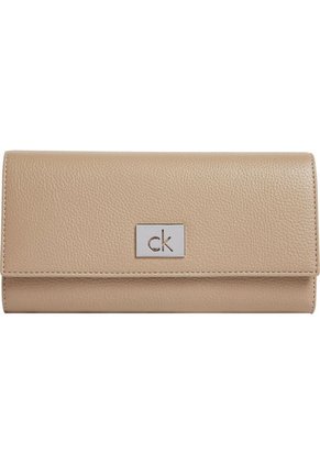 Billetera Beige Trifold Con Placa Metálica Calvin Klein