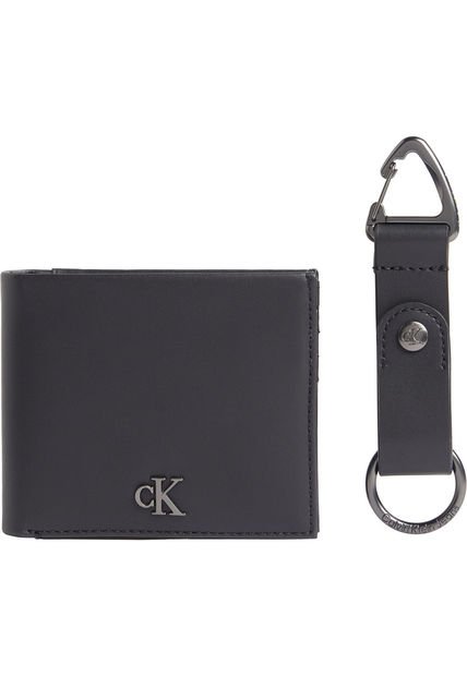 Billetera Negra Plegable Con Detalle De Logo Y Llavero Calvin Klein