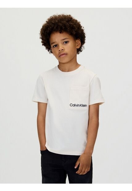 Camiseta Blanca De Manga Corta Con Bolsillo Y Logo Bordado Calvin Klein