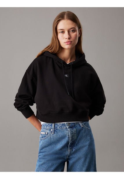 Buzo Negro Boxy Con Capota De Felpa De Algodón Calvin Klein