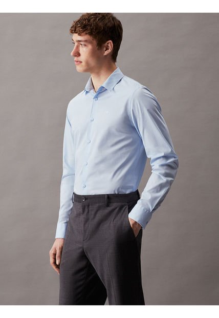 Camisa Azul Slim De Popelín Elástico Calvin Klein