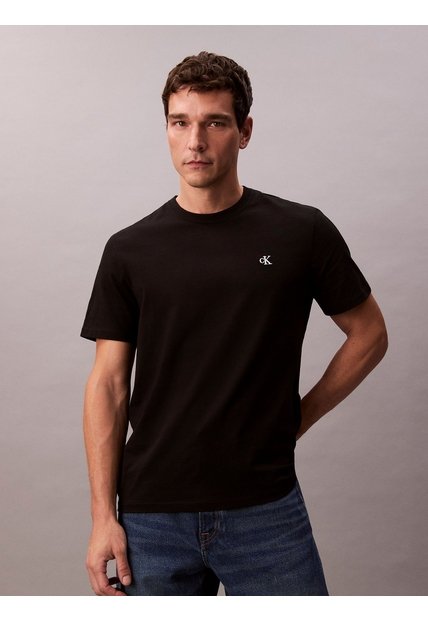 Camiseta Negra Regular De Manga Corta Con Monograma Bordado Calvin Klein