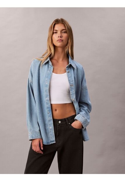Camisa Celeste Denim De Lino Y Algodón Calvin Klein